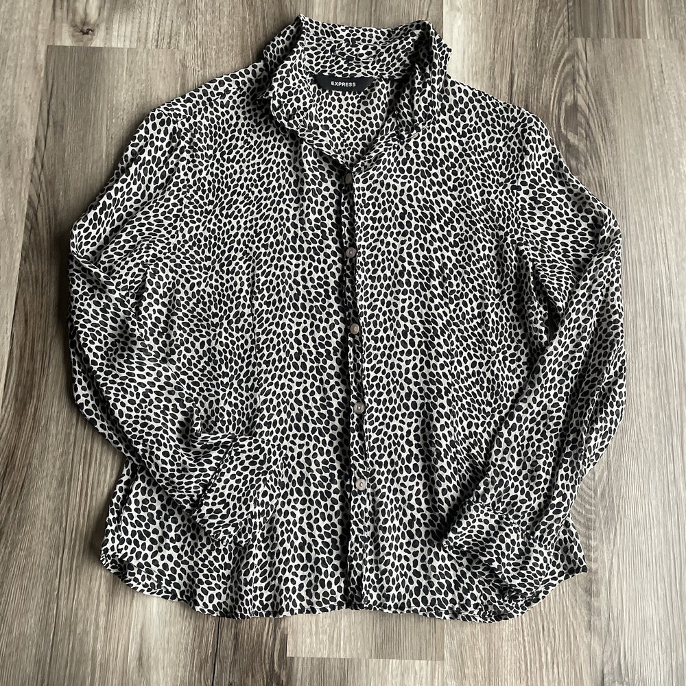 Y2K Express Animal Print Silk Blouse Sheer Button‎ Front Size Small Black White